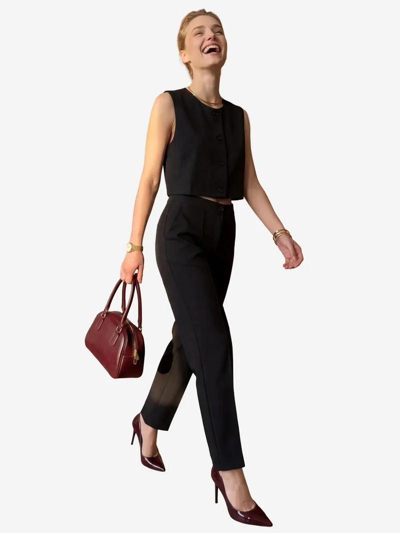 MY FASHION Black MY FASHION Crew Neck Crop Vest & High Waist Pants Two-Piece Set for Women | Best Price UAE